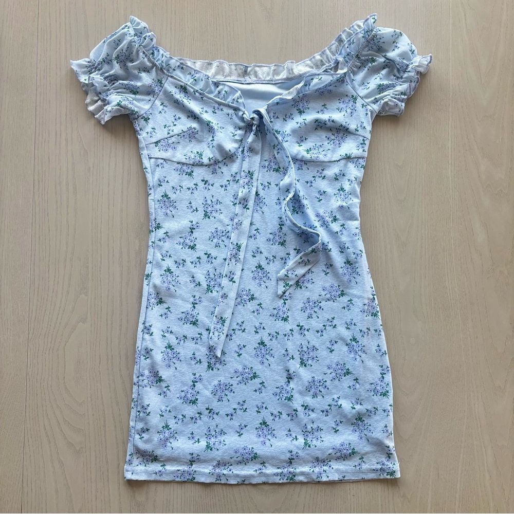 SHEIN Blue Floral Off-Shoulder Babydoll Mini Dress